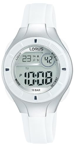 Lorus Digitale Multifunktionsuhr für Kinder, 100 m (31 mm), digitales Zifferblatt/weißes PU-Armband R2349PX9