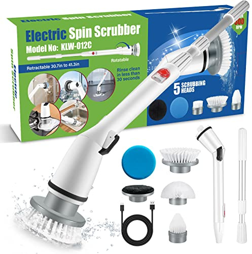Auqatur Power Scrubber, Electric Spin Scrubber, Electric Scrubbing Brush with Adjustable Stretchable Arm and 5 Replacement Brush Heads, USB Charging for Cleaning Bathroom Bathtub Kitchen Tile Floor
