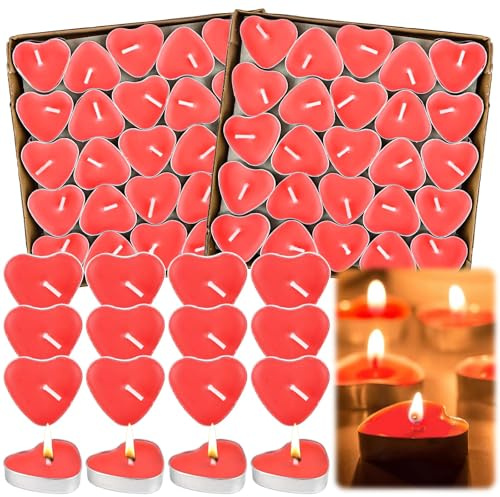 Encuryna 100 Stück Halloween Herz Kerzen Teelichter, Romantische Liebe Unparfümierte Teelichter, Rauchfreie Herz für Valentinstag, Geburtstag, Vorschlag, Party, Jubiläum