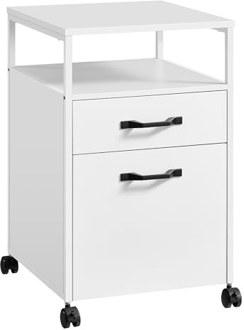 VASAGLE Archivador Móvil con 2 Cajones, Archivador de Oficina con Ruedas, Compartimento Abierto, Marco de Acero, Estilo Industrial, Blanco Nube OFC071W14