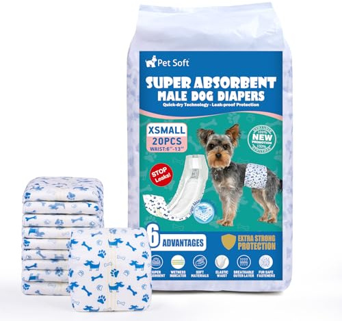 Pet Soft Pañales Desechables para Perros, 20 Unidades, para Perros Macho, Altamente absorbentes, con indicador de Humedad y a Prueba de Fugas (XS-20 Unidades)