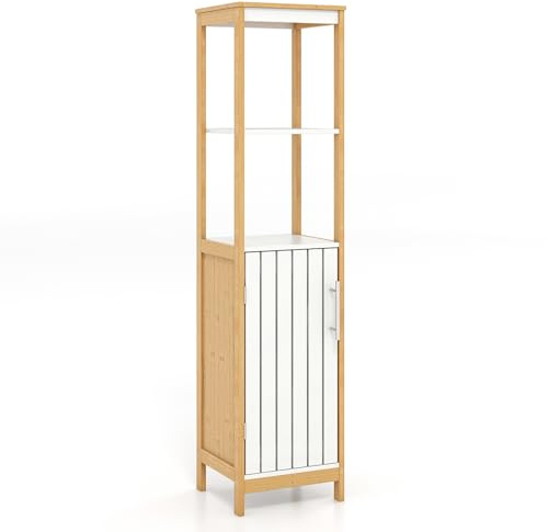 COSTWAY Meuble Colonne de Salle de Bain en Bambou, Armoire Haute de Rangement avec Porte à Lattes, Étagère Réglable, 30 x 30 x 129 cm, Naturel