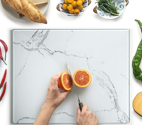 Kitchenville Glass Chopping Board 50x40 cm: Tempered Glass Worktop Savers for Kitchens, Durable, Scratch-Resistant, Heat-Proof - White Marble Effect