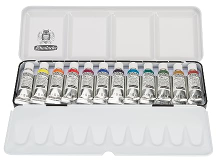 Schmincke - HORADAM® GOUACHE scatola di metallo compatta scatola di metallo con 12 colori a guazzo migliori e forti in tubi da 5 ml, 72716097, set da pittura