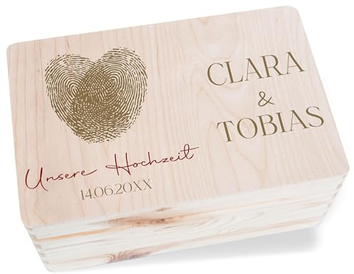 Holzkiste Erinnerungsbox - Schatzkiste Unsere Hochzeit Fingerabdruck mit Namen und Datum | Geschenkbox Brautpaar Geldgeschenk Verpackung Heirat - 30x20x14 cm - Holz - box hochzeit￼