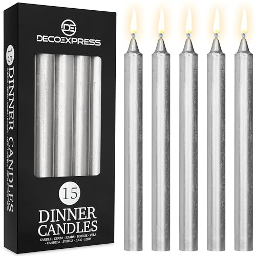DECO EXPRESS Velas Rústicas Set de 15 Velas Larga Duracion 9 Horas Sin Fragancia Velas Decorativas Hecho a Mano (Plata - Paquete de 15)