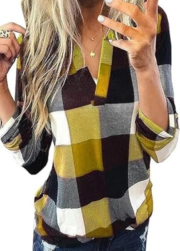 Cuptacc Chemise A Carreaux Femme Tunique Femme Chic Et Elegant Manche Longue Col en V Mode Automne Jaune M