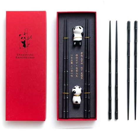 Achkey 2 Paar Essstäbchen mit 2 Chinesischen Panda Keramik Stäbchen Halter, Wiederverwendbare Fiberglas Spülmaschinenfeste Essstäbchen, 24cm rutschfeste Stäbchen in passenden Geschenkbox