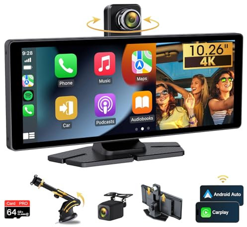 Vtopek Wireless CarPlay Android Auto Display 10,26 Pollici IPS Autoradio Schermo Auto CarPlay con 4K Telecamera Frontale Girevole a 350° Supporta Vivavoce Bluetooth Mirror Link Siri Google e 64G Card