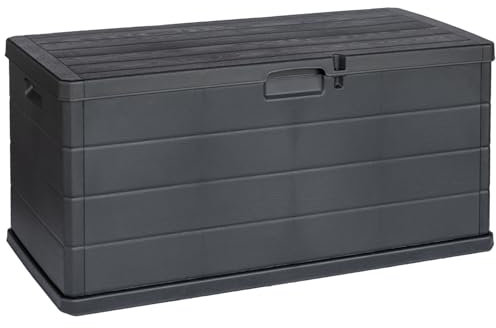 idooka Plastic Garden Storage Box - Large 340L Capacity - Dark Grey Faux Wood Panelling Design - Weatherproof Outdoor Storage Box for Patio Cushions, Tools, Toys, and Other Garden Accessories