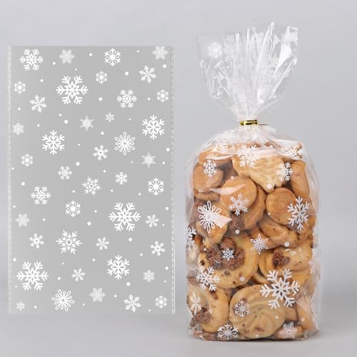 COLOFALLA 100 Stücke 18 x 30 cm Weihnachten Geschenktüten Schneeflocken Cellophantüten Weihnachten Kekstüten Weihnachtstüten zum Befüllen Klein Transparent Zellophantüten Geschenktüten