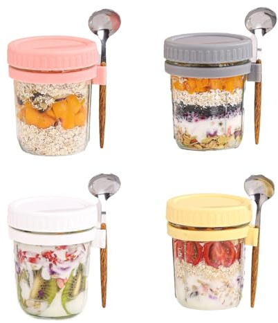 Onezebra 4-Pack Reusable Overnight Oats Jars with Lid & Spoon - 11.8 oz Airtight Mason Jars with Measurement Marks for Oats, Salads, Yogurt, Cereal, and Milk