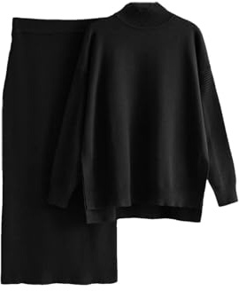 Warmes Strickset für Damen, Rundhalsausschnitt, seitlich geteilter Pullover, Tops + hohe Taille, Midi-Hüftrock, 2-teilig, B, Einheitsgröße