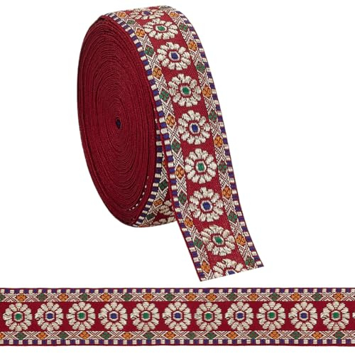 PH PandaHall 9.14 m Jacquard Blumenband 32mm Rotes Besticktes Blumenband Im Ethno Stil Polyester Stoffbesatz Zum Nähen von Taschengurten