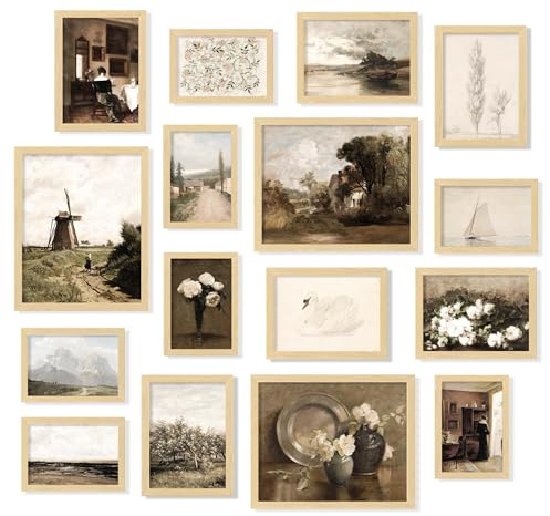 97 Decor Vintage 16PCS FRAMED Wall Art - Framed Vintage Wall Art Prints, Vintage Posters For Room Aesthetic, Lanscape Prints For Wall Decor, Moody Gallery Wall Pictures Botanical Paintings For Home Bedroom (BEIGE FRAME)