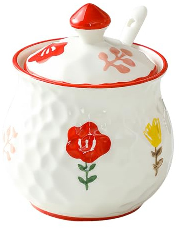 Dowbom Zuckerdose mit Deckel und Löffel, Blumenmuster, Porzellan, Zuckertopf, Salztopf, Gewürzdose (rot)