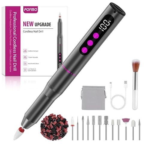 POFIBO Nagelfräser Kabellose Elektrische Nagelfeile - 35000 U/Min Nagelfräser für Gelnägel, 12 IN 1 Professionell Fräser für Nägel & Acrylnägel, Maniküre Pediküre Set mit 5 Geschwindigkeiten