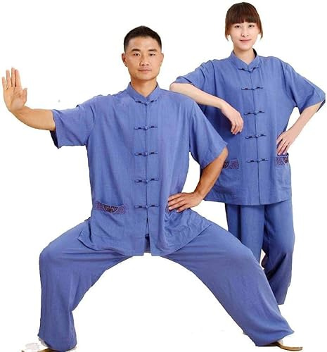 Tai Chi Kläder Dam, Män Tai Chi Uniform Kläder Art Wing Chun Shaolin Kung Fu Taekwondo Träningskläder Kläder Dam Sommar Linne Bomull Kortärmad, Blue, S