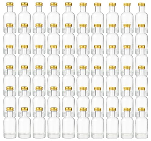 gouveo Lot de 60 mini bouteilles rondes en verre de 50 ml avec bouchon à vis doré à fond épais et goulot étroit Idéal pour liqueurs, huile, échantillons, cosmétiques (KFT050G)