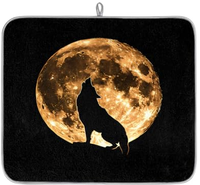 Animal Wolf Silhouette Moon Absorbent Dish Drying Mat for Kitchen Counter, Reversible Microfiber Dish Drying Pad with Hanging Loop for Glassware Utensils Pots 16x18 in