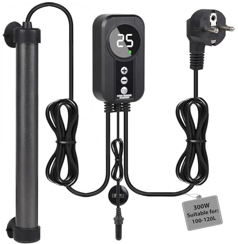 EXLECO Aquarium Heizung 300W Aquarien Heizstab Titanium 100-120L Fisch Tank | mit Display LED Controller & Temperatursensor Temperatur Einstellbare Aquariumheizung, Aquariumheizer Tauchsieder Heizung