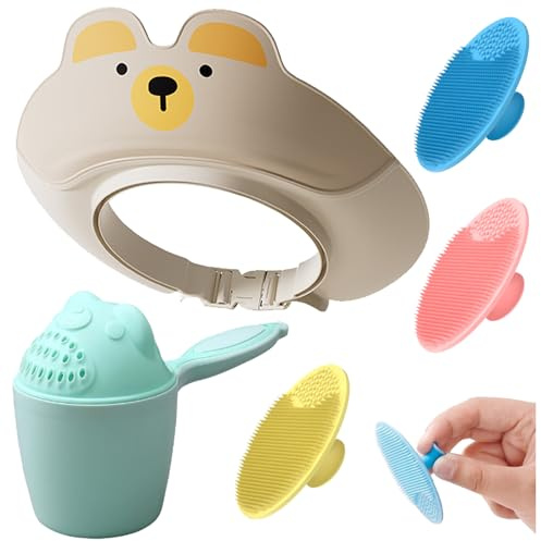 5 Piece Baby Shower Cap Bath Visor Shampoo Eye Shield Baby Shower Cap Shields Adjustable Bring 1 Cup and 3 Brushes for Children's Hair Washing Aged 2-12