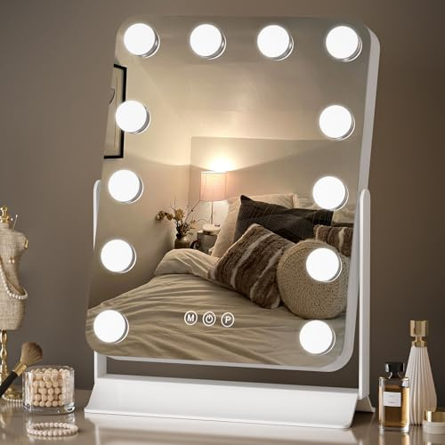 Hollywood Vanity Mirror - LED Lighted Makeup Mirror with 12 Dimmable Bulbs for Dressing Room & Bedroom, 360°Ratation, 3 Color Lighting Modes, Touch Control, Smart Memory, Gift for Women and Girls