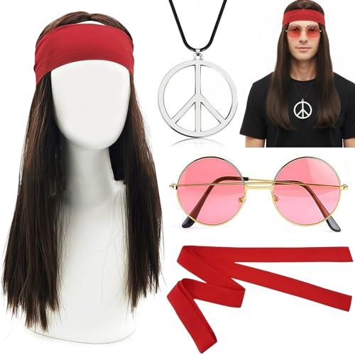 WANGWANG 4 Stücke Hippie Kostüm Set, 70er Jahre Outfit Herren mit Perücke Brille Peace Halskette Stirnband, Flower Power Zubehör Kostüm für Karneval Fasching Fastnacht