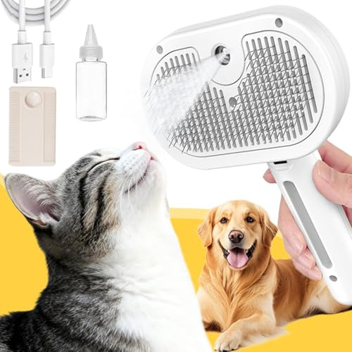 Brosse à Vapeur pour Chat, Rechargeable Brosse vapeur pour chiens et chats, peigne autonettoyant antistatique 3 en 1 pour chats, chiens et petits animaux à poils longs ou courts