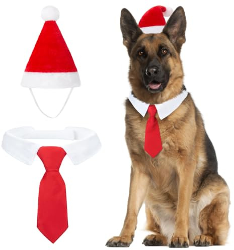 MELLIEX 2 Stück Weihnachten Hundekostüm, Hunde Katzen Weihnachtsmützen und Krawatte Weihnachtskostüm Zubehör Set für Haustier（56cm