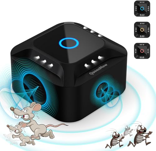 Repulsif Souris, 360° Ultrason Souris et Rats avec 12 LED Stroboscopiques & 2 Ondes Radio, Ultrason Loir, 3 Modes Anti Souris pour Maison, Cuisine, Grenier, Garage, sous-Sol