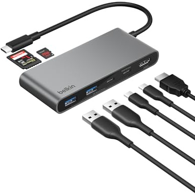 Belkin USB C Hub, 7-Port Hub w/ 4K HDMI Display @ 60Hz, SD & MicroSD, 100W Power Delivery, Fast Data Transfer 5Gbps, USB C Multiport Adapter for MacBook, iPad Pro, Chromebook - HDMI 2.0 - Grey