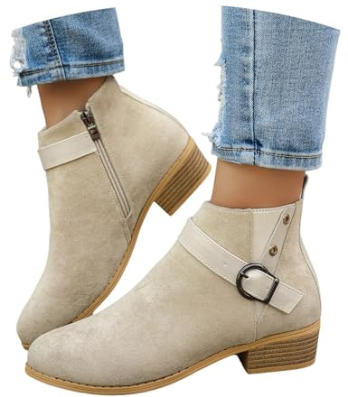 Plus Size Ankelstövlar for Kvinnor Eleganta Chelsea-ankelboots Höst/Vinter Retro Spetsiga Korta Stövlar Mockastövlar Med Metallspänne,Dam Ankelskor for Kontor/fest(Beige,36 EU)