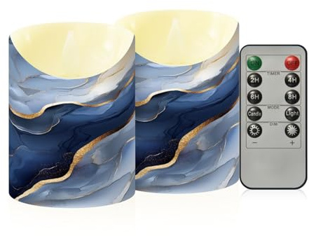 famyily Safe Indoor Decor Fake Candles with Timer 2/4/6/8H Battery Operated Candles for Bathroom Vanity 3.9x3in - Marble Silver Navy Blue
