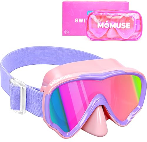 MOMUSE Kids Swim Goggles with Soft Fabric Strap, Diving Mask with 3D No-Leak Nose Cover, Anti-Fog & UV Protection Mirrored Shatterproof Lens, Swimming Goggles for Toddler/Youth Boys Girls 3-14