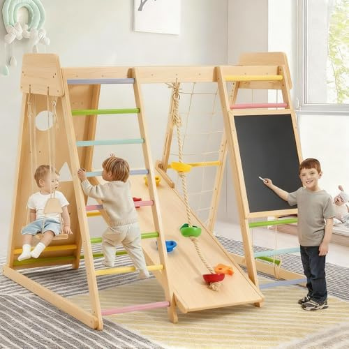 Klettergerüst Indoor,9 in 1 Indoor Spielplatz,Geeignetes klettergerüst Indoor ab 3 Jahre mit Kletterwand, Kletterseil,Wandtafel,Affenbar...