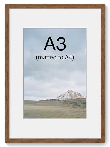 A3 Picture Frame, Solid Oak Wood, Mat fits A4, Tempered Glass, Wall Mount