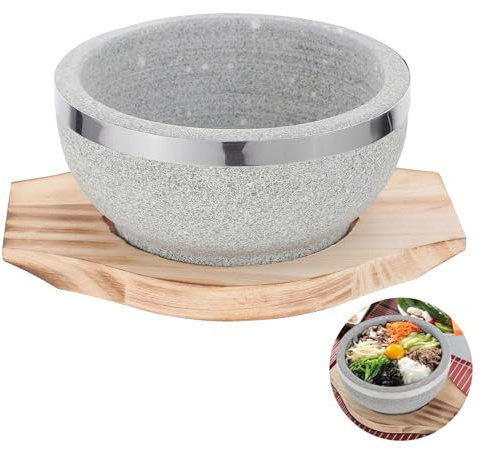 OUNONA Ciotola di Pietra Coreana da 14 Cm per Zuppa e Bibimbap Vassoio in Legno, Resistente a Fiamme Libere, Mantiene Cibo Caldo, per Cucina Casalinga e Ristorazione
