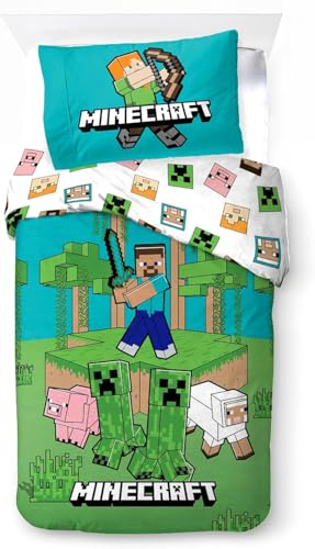 Minecraft Barnsängkläder | påslakan 140 x 200 cm + örngott 50 x 70 cm, 100 % bomull | mjukt, färgglatt och vändbart set | Minecraft Jungle Explore-design