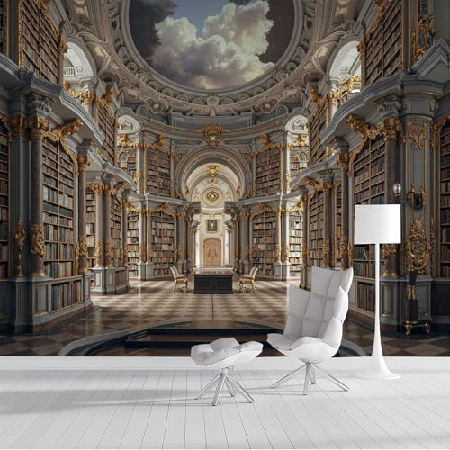 ZISTRCBAO Papier Peint Soie Motif Rétro Baroque Bibliothèque, Papier Peint Panoramique Or, Décoration Murale Style Classique Européen Pour Salon Chambre Appartement 350x256cm