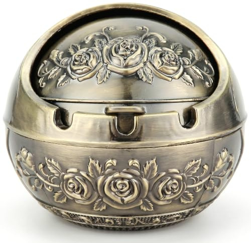 Imooreshine Covered Ashtray With Lid, Windproof Outdoor Ashtray - Decorative Vintage Ash Tray For Balcony & Living Room, Bronze
