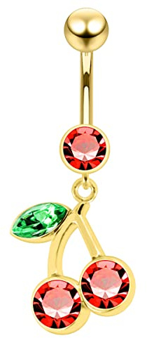 MONSTER PIERCING 3 Micron Yellow Gold Plated Red Crystal Stone Cherry Dangling 925 Sterling Silver Belly Bar Jewellery