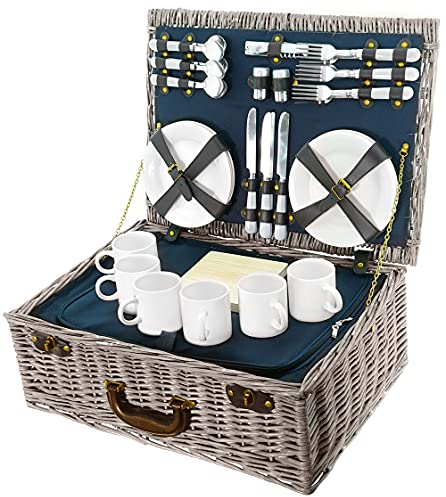 BEM Smak Picknickkorb für 6 Personen, 40 teiliges Picknick-Koffer Set, Weide, Tragegriff, Geschirr, Besteck, Salz- und Pfefferstreuer, mit Zubehör, Outdoor, Camping
