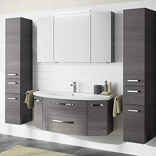 Lomadox Badmöbel Komplettset Graphit Strukur, 120cm Waschtisch mit Unterschrank, LED-Spiegelschrank & 2 Hochschränke - montierte Möbel