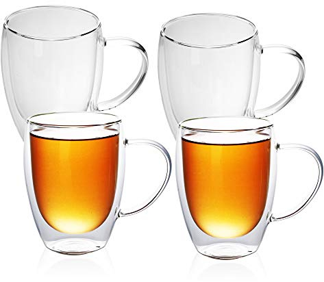 INTIRILIFE Juego de 4 Vasos térmicos de Doble Pared -250-300ml- de Boca soplada aislados para Espresso Cappuccino, Vasos de té Vasos de café Latte Macchiato Tazas, Efecto Flotante con asa