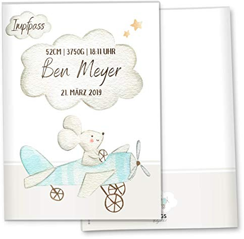 Impfpasshülle Flugzeug Ausweishülle Schutzhülle für Dokumente & Impfpass MIT DER GRÖßE 9,3 x 13CM personalisierbar mit Namen (Maus Flugzeug, Impfpasshülle personalisiert)