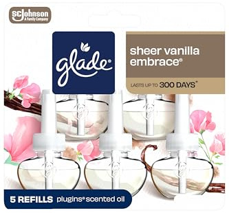 Glade PlugIns Refills Air Freshener, Scented and Essential Oils for Home and Bathroom, Sheer Vanilla Embrace, 3.35 Fl Oz, 5 Count
