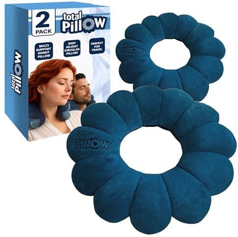 Total Pillow Donut Pillow for Airplane & Travel, Sleeping Neck Pillow, Microbead Comfortable Pillow for Neck, Head, Back, Lumbar & Pelvic Support, Twists to Many Positions - 2 Pack, Blue