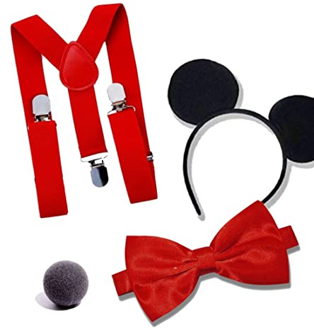 Dreamzfit Men's Mickey Mouse Costume Kit | Fancy Dress Set with Ear Headband, Bow Tie, Red Braces & Nose for Cosplay, Theme Parties, Hen & Stag Nights