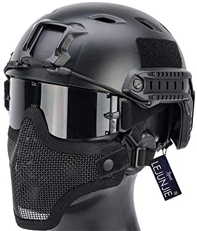 Casco tattico PJ Airsoft FAST e maschera a rete semifacciale pieghevole, occhiali di sicurezza con set di lenti a 3 colori, per pistola BB da tiro con paintball da caccia CS